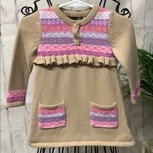 Girl's Brown Knit Sweater Dress with Stripes